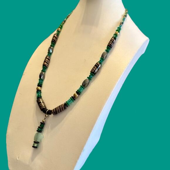 Boho Ethnic Hematite Jade Glass Beaded Pendant Necklace - Picture 7 of 8